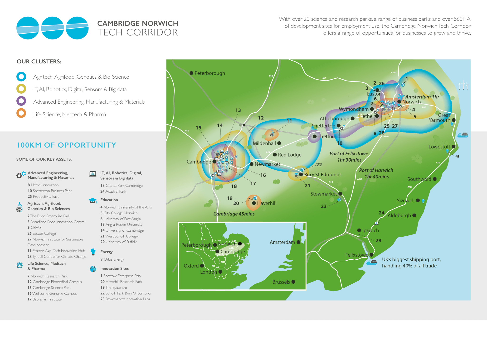 Cambridge Norwich Tech Corridor map showing clusters of tech focussed businesses Cambridge Norwich Tech Corridor map showing clusters of tech focused businesses